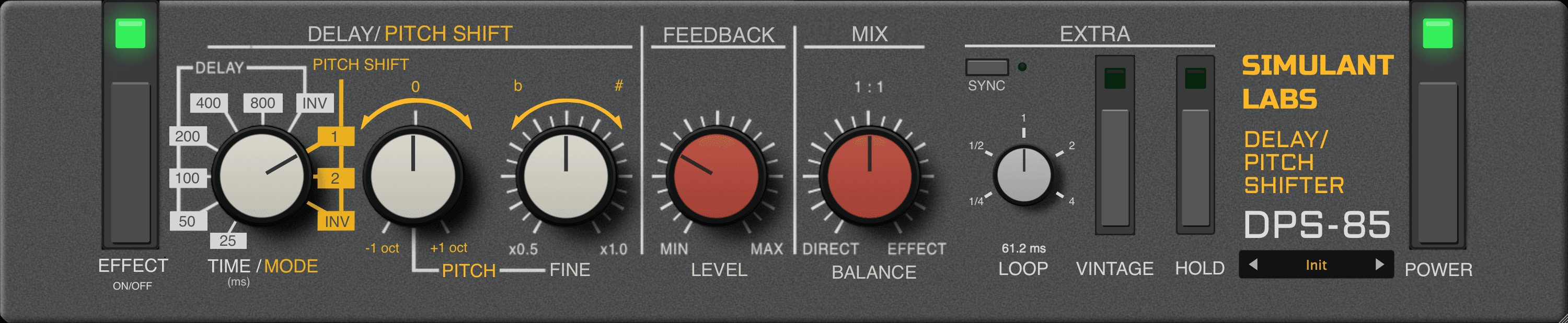 The DPS-85 interface: a charcoal rack panel with TIME / MODE, PITCH, FINE, FEEDBACK and MIX knobs, SYNC, LOOP, VINTAGE and HOLD controls, a preset selector, and green EFFECT and POWER lamps.